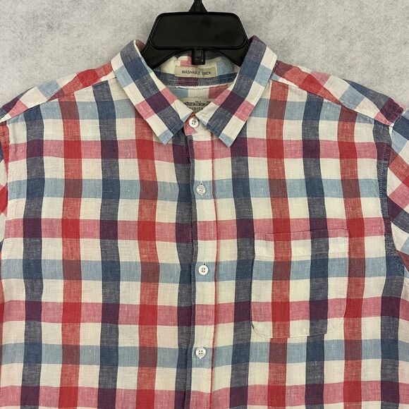 Natural Blue By Visitor Shirt Mens XL Red Blue Check Button Up 100% Linen - Picture 8 of 12